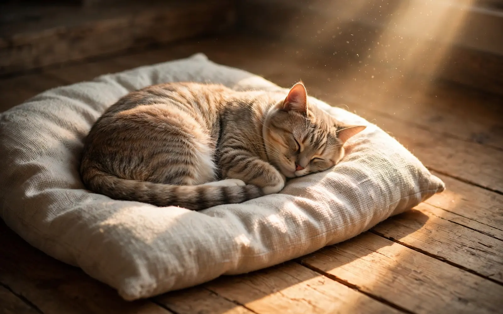 A cat asleep on a cushion in a sunbeam on a wooden floor