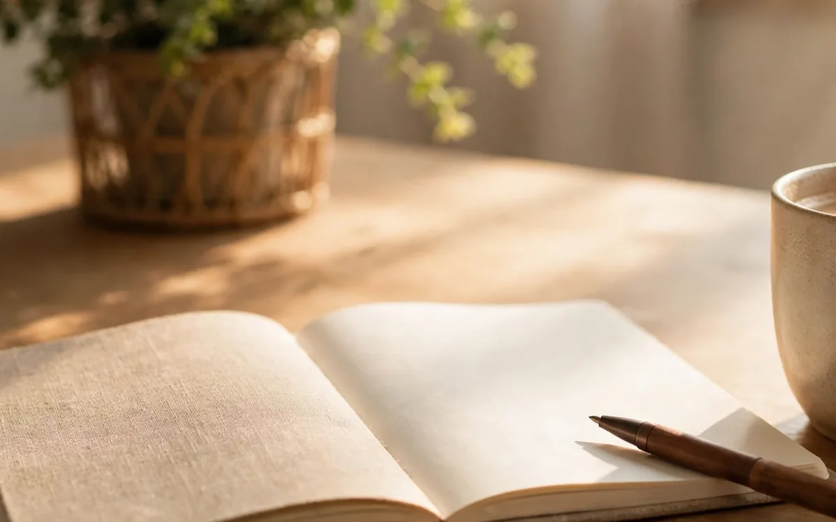 Close view of an open notebook and coffee cup on a sunlit kitchen table