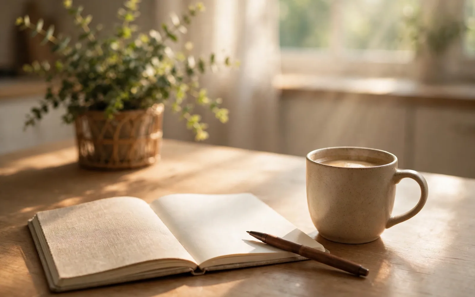 A sunlit kitchen table with an open notebook, pen and cup of coffee