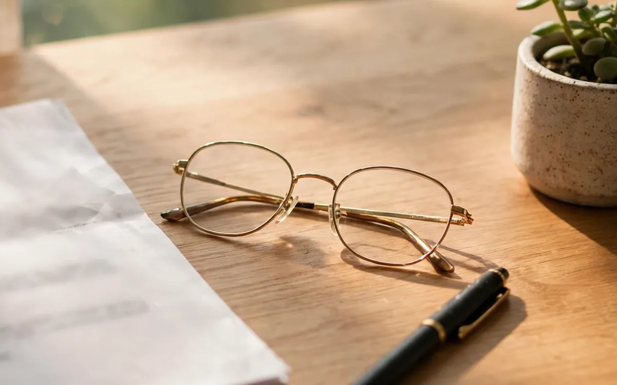 Reading glasses resting on a wooden desk beside a printed price list