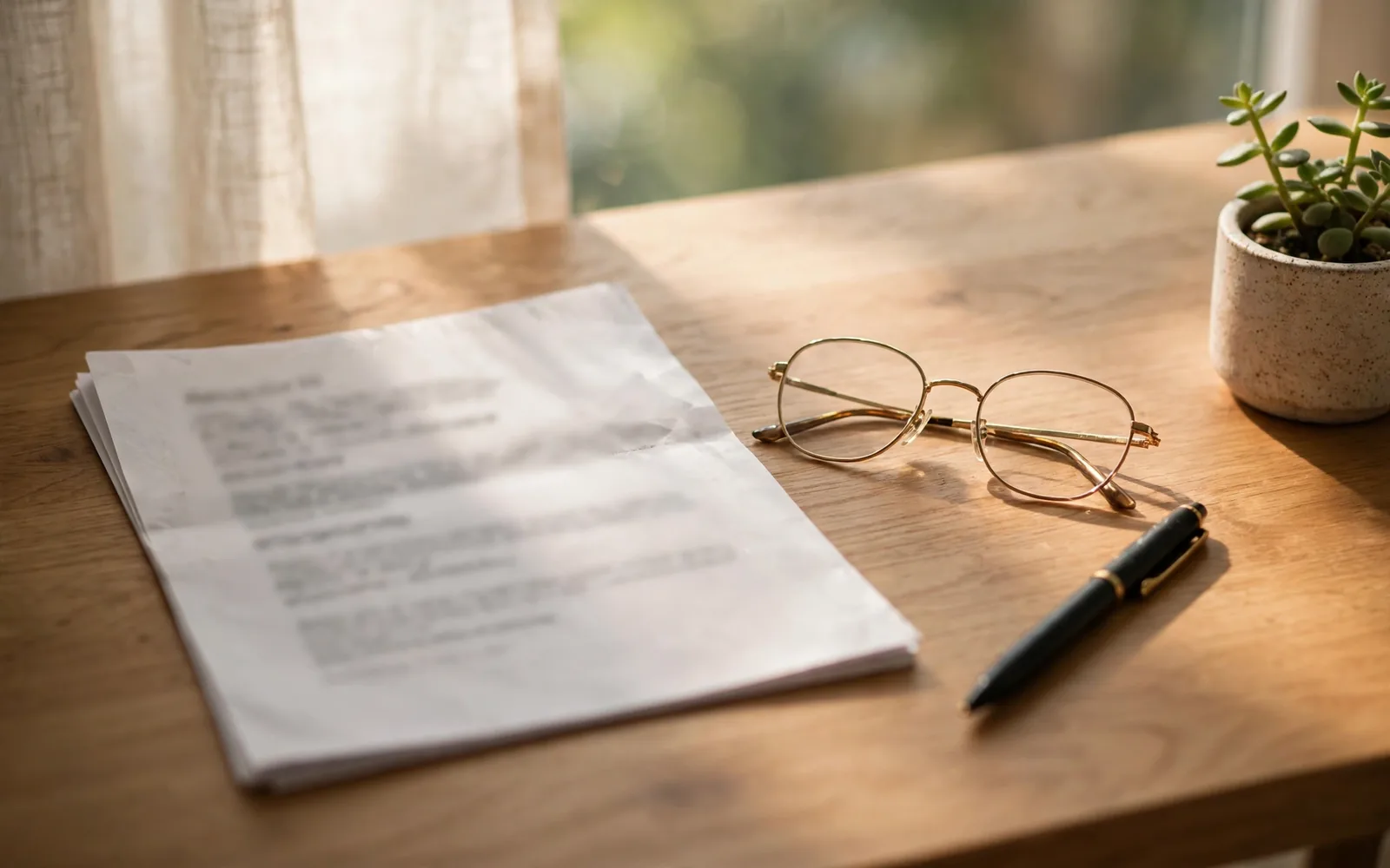 A printed price list and reading glasses on a tidy wooden desk in soft light