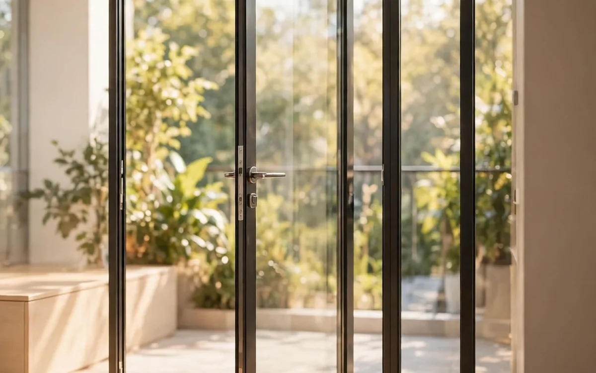 An open glass door with sunlight falling across a light wooden floor