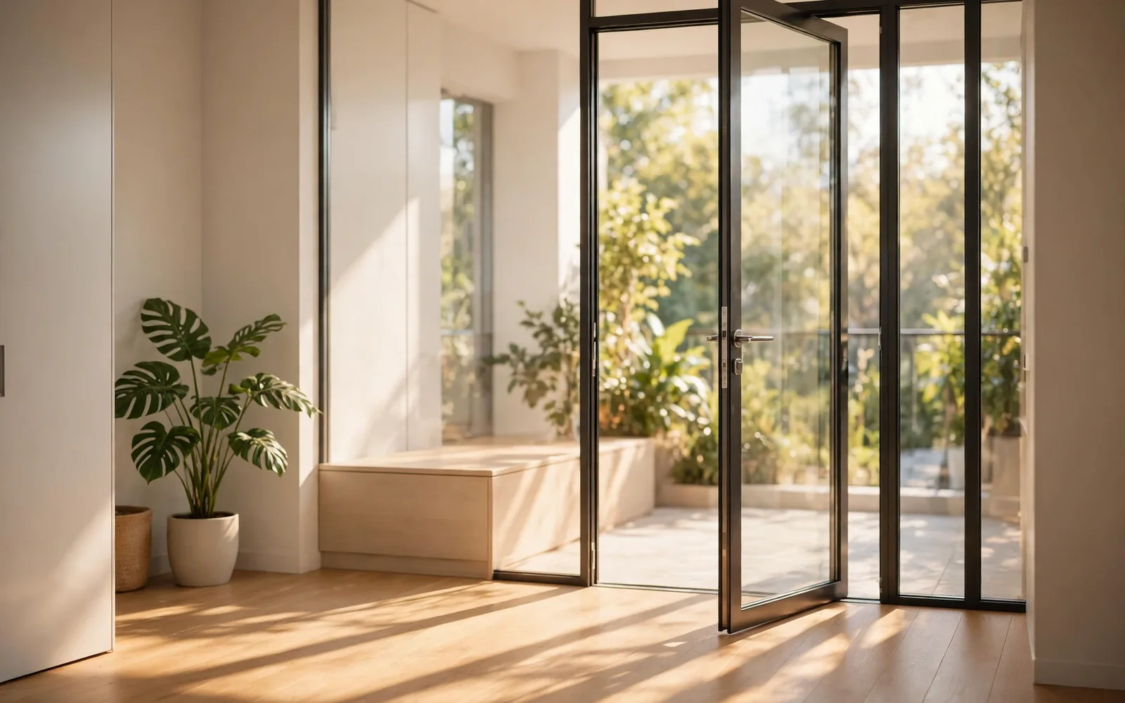An open glass door in a bright modern office with light streaming in