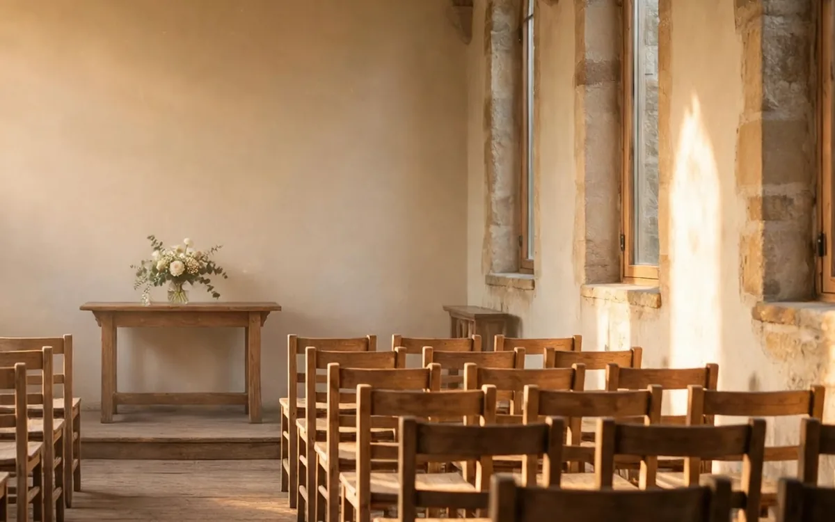 Wooden chairs arranged in rows inside a chapel lit by tall windows