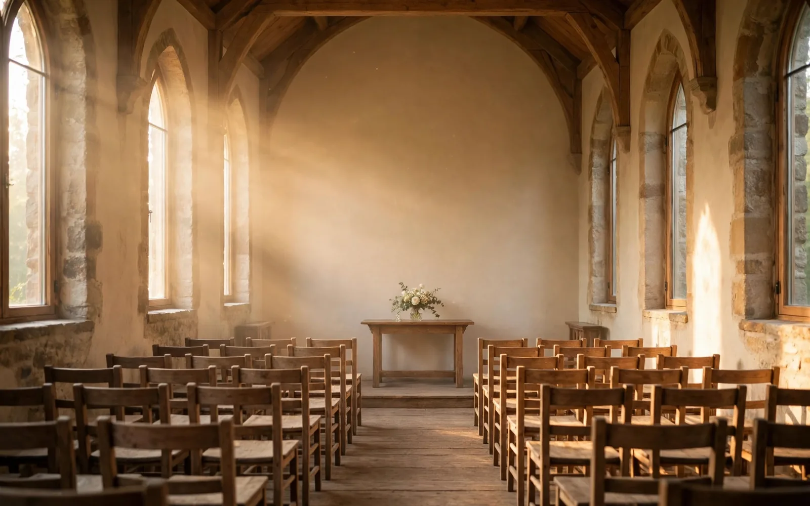 A chapel interior with rows of wooden chairs and warm light through tall windows