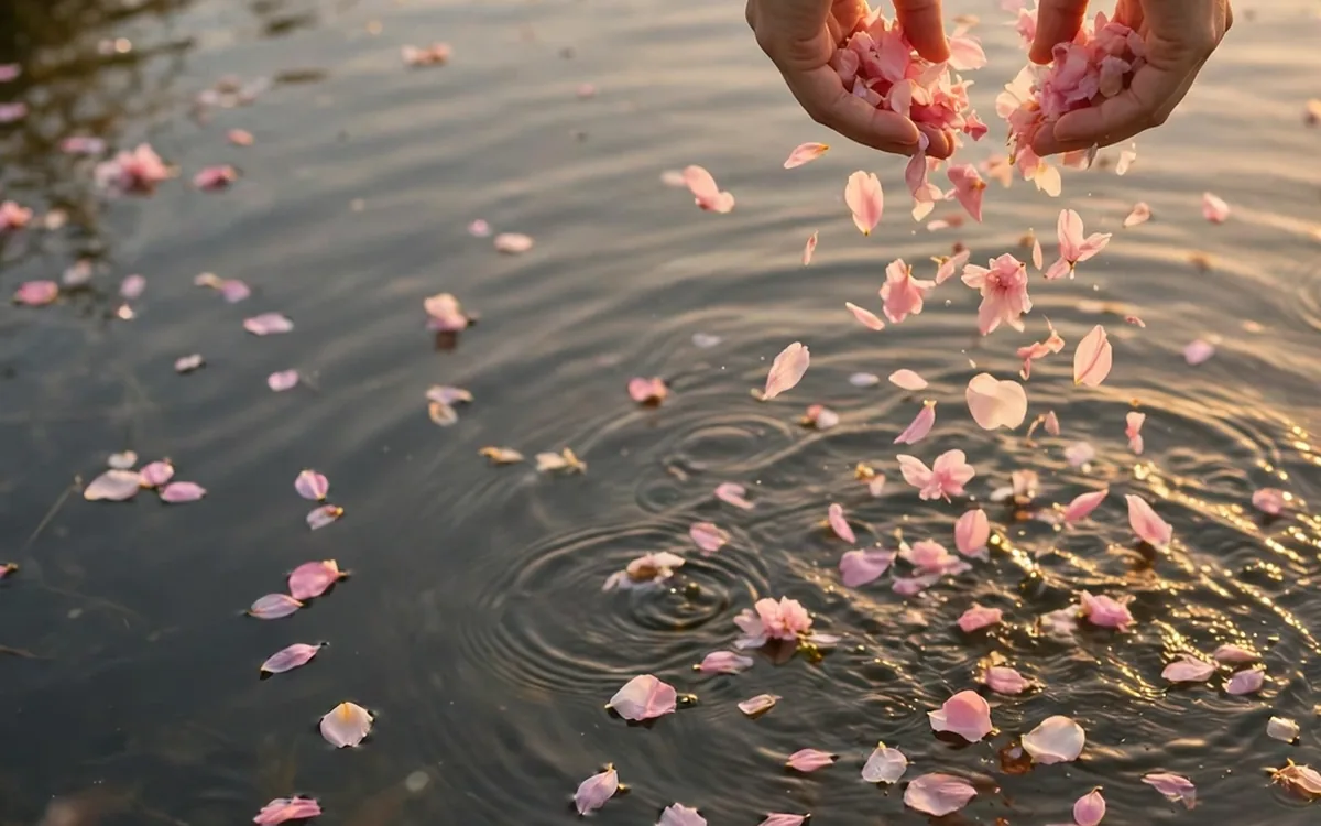 Flower petals drifting on calm water in golden evening light