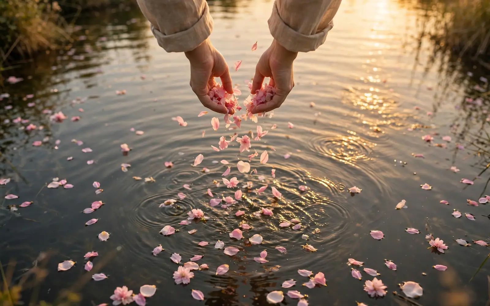 Hands scattering flower petals over calm water at sunset