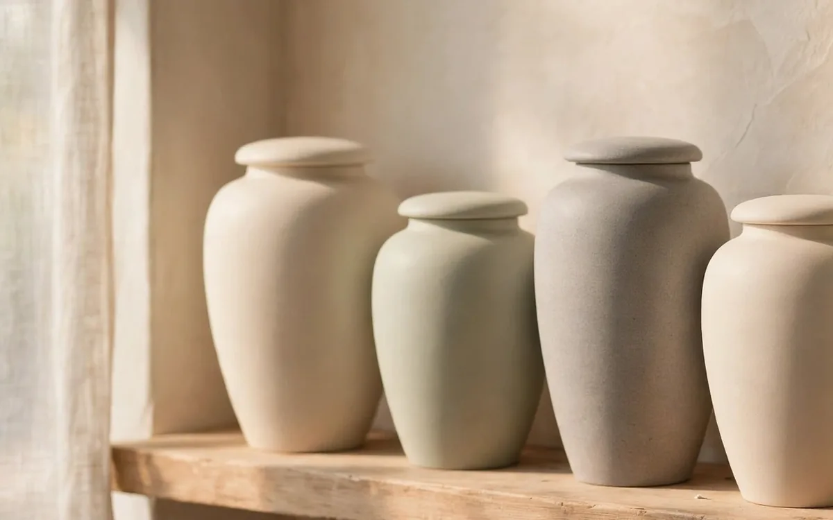 Ceramic cremation urns in cream and grey tones lined up on a shelf