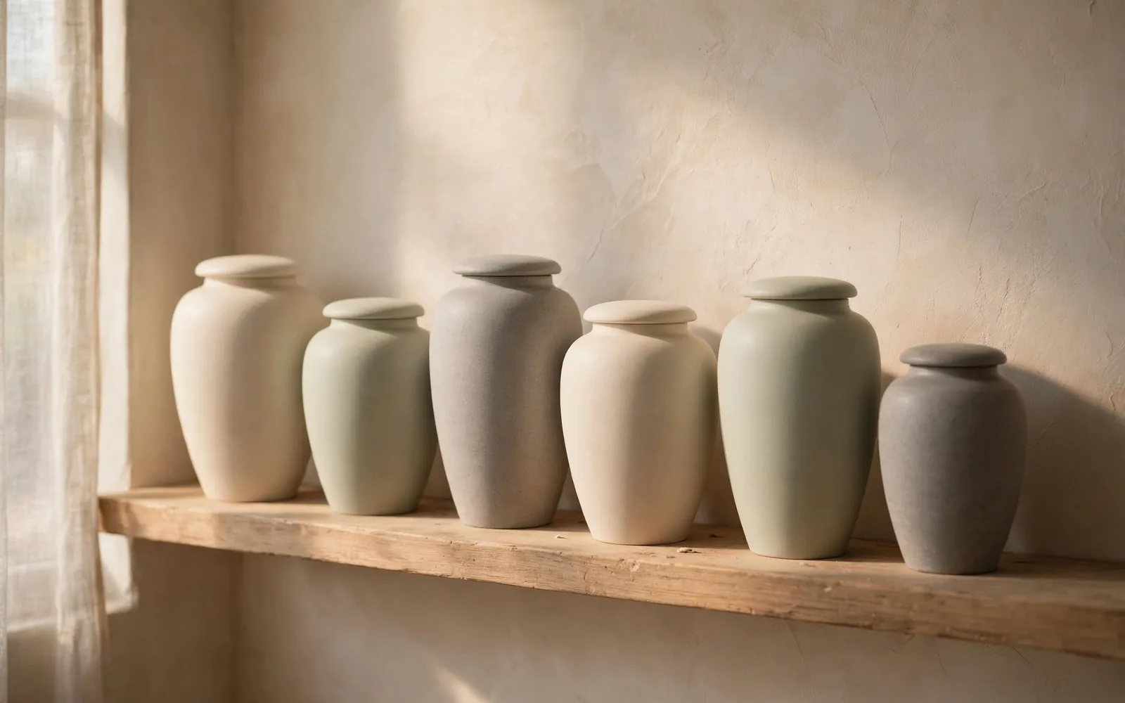 Minimal ceramic cremation urns in soft neutral tones arranged on a shelf