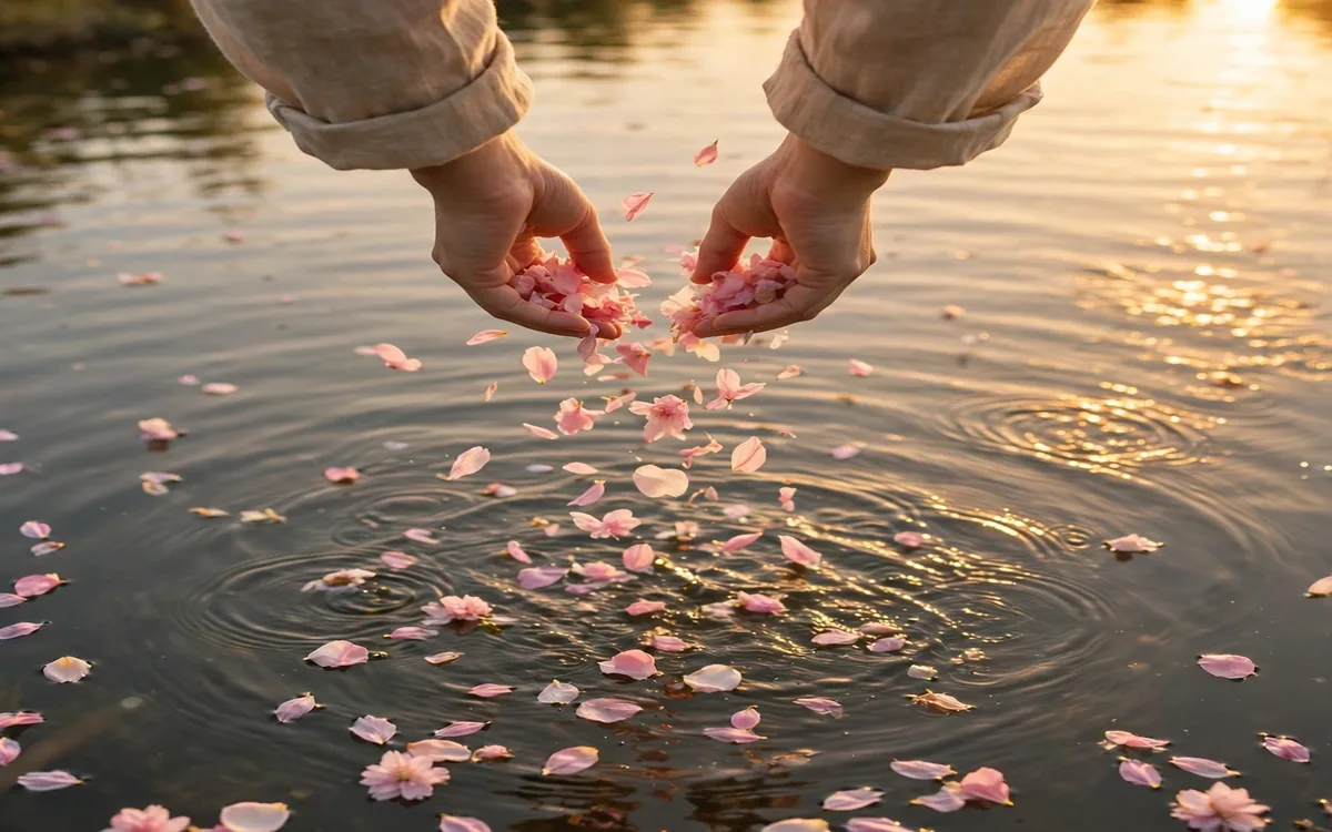 Hands releasing flower petals onto calm water at sunset