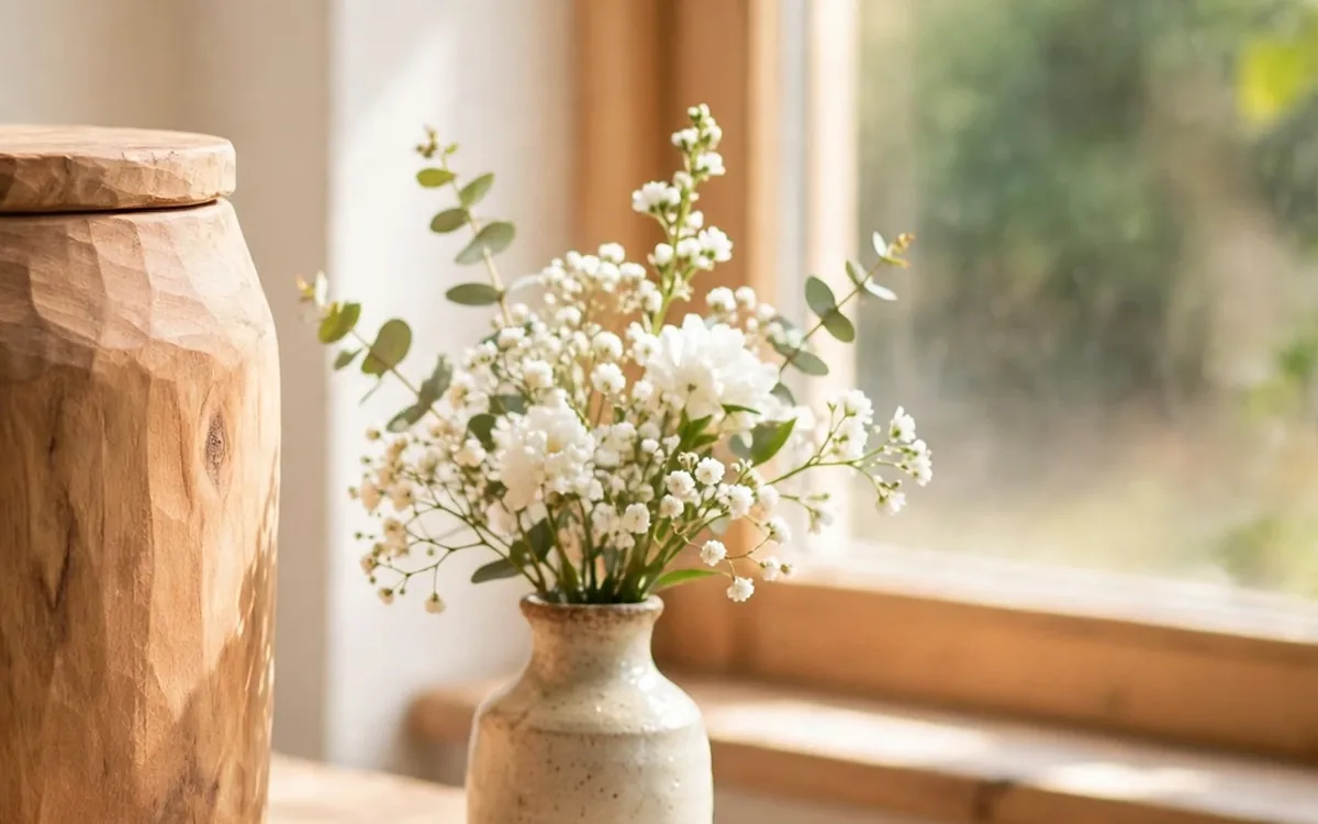 A small vase of white flowers beside a window in soft daylight