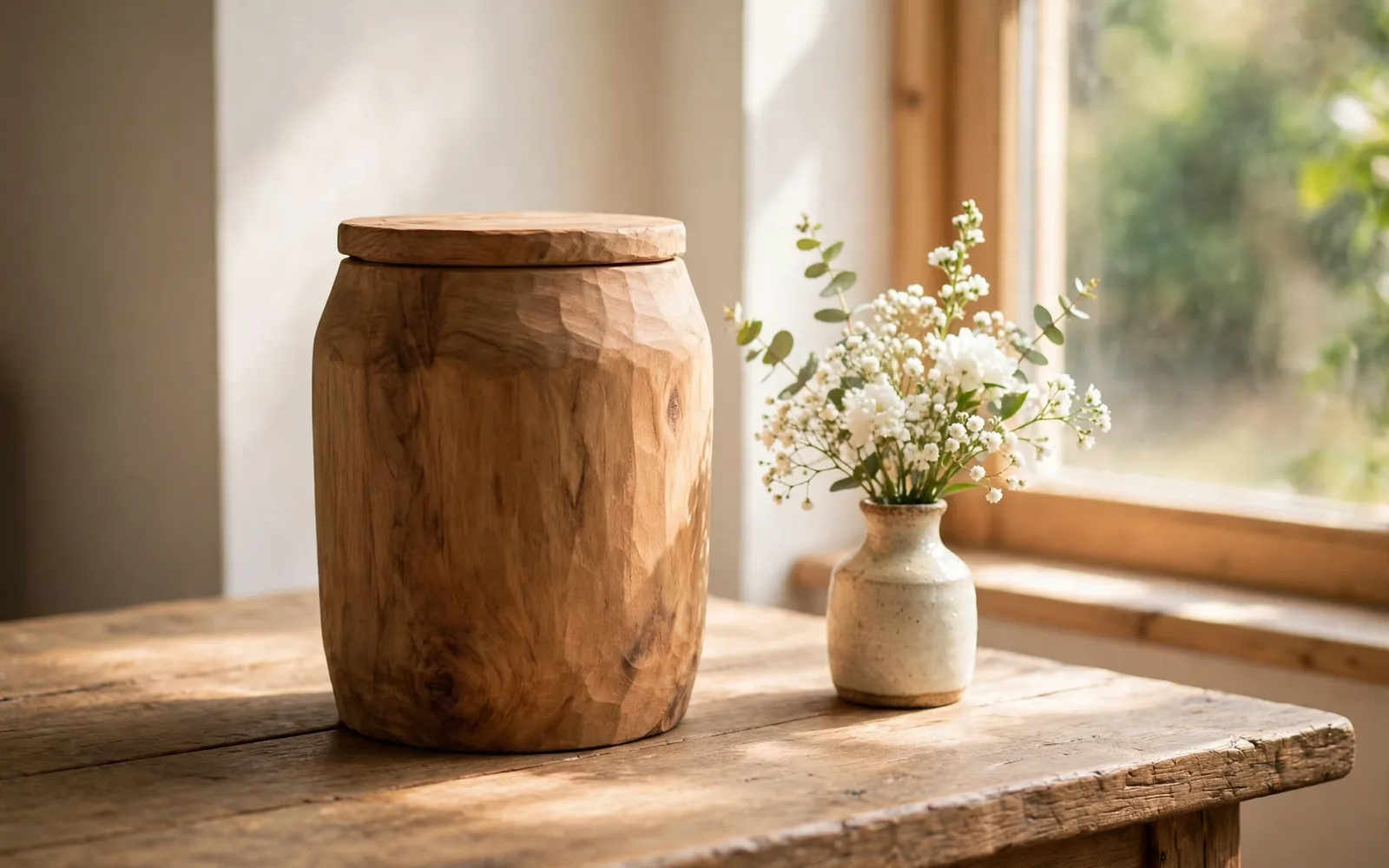 A wooden cremation urn on a table by a bright window with white flowers