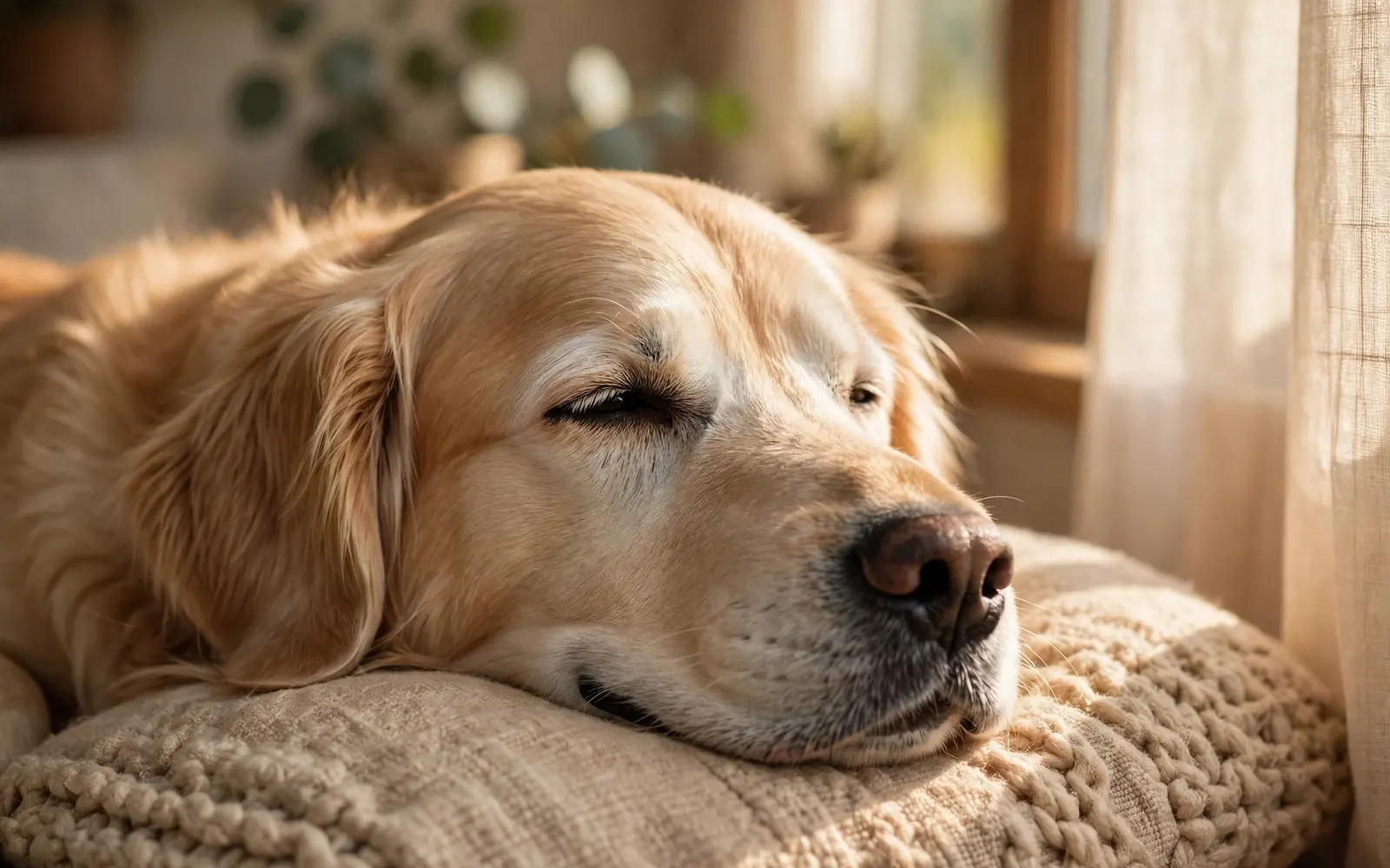 An old golden retriever resting on a cushion in warm window light