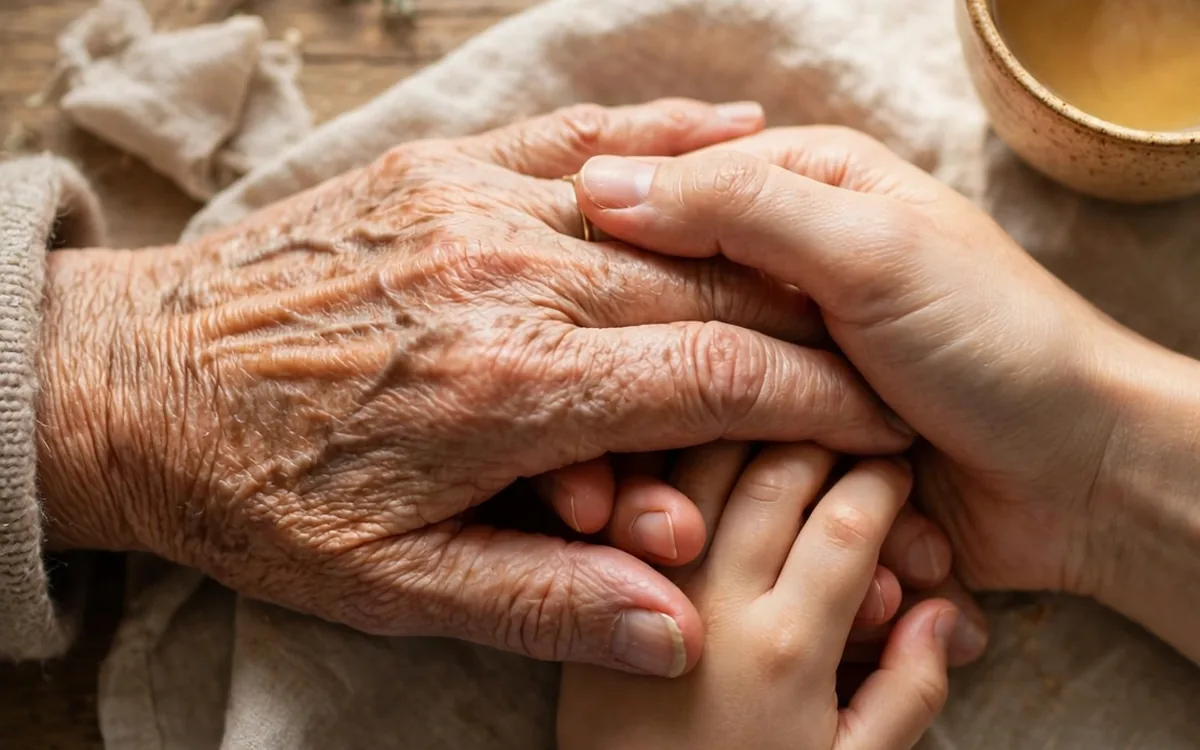 An older person's hands held gently by younger hands on a table
