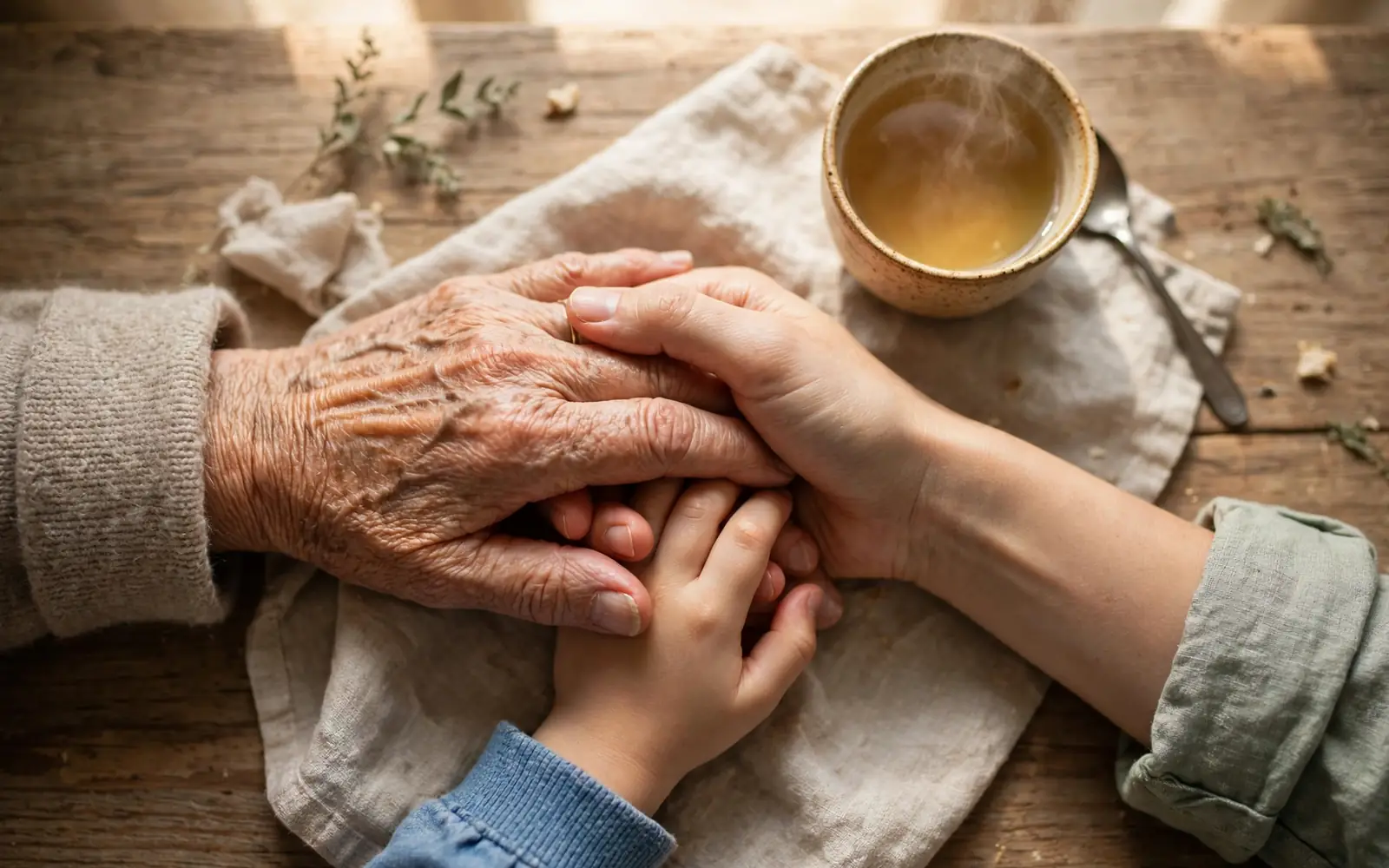 Family hands of different generations resting together on a wooden table