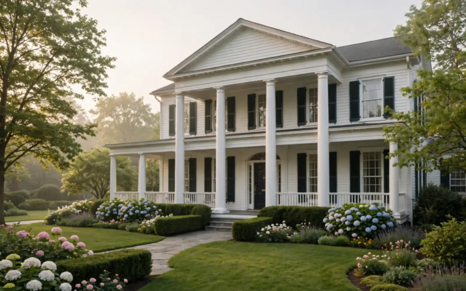 A colonial style funeral home with white columns, lawn and flower beds in morning light