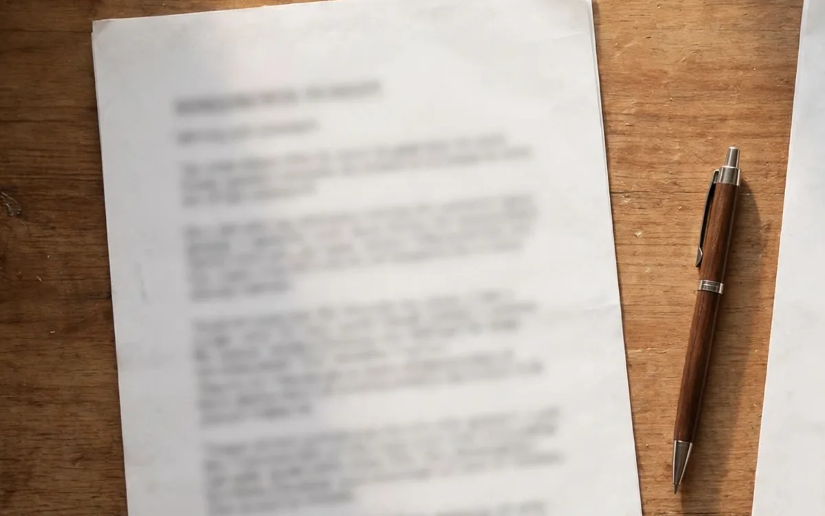 A printed document with blurred text lying on a wooden table