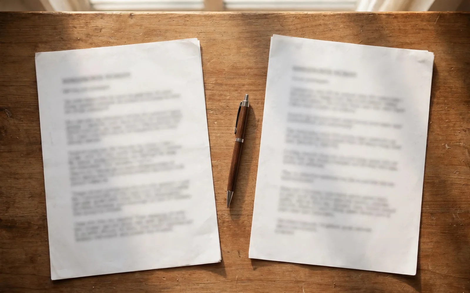 Two printed price documents side by side on a wooden table with a pen