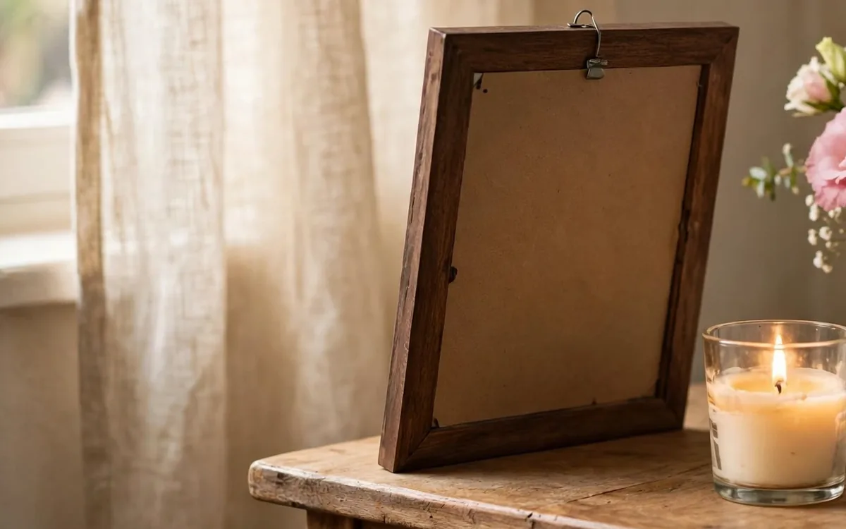 A framed photograph seen from behind, with a candle and fresh flowers