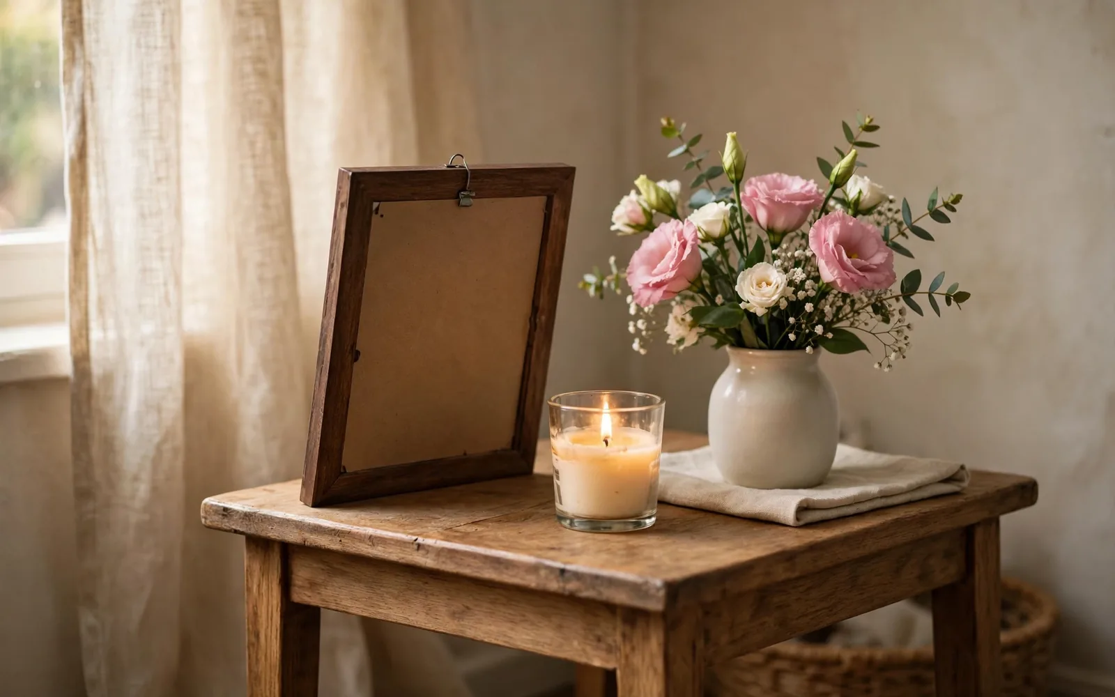 A small home memorial with a candle, flowers and a framed photograph seen from behind