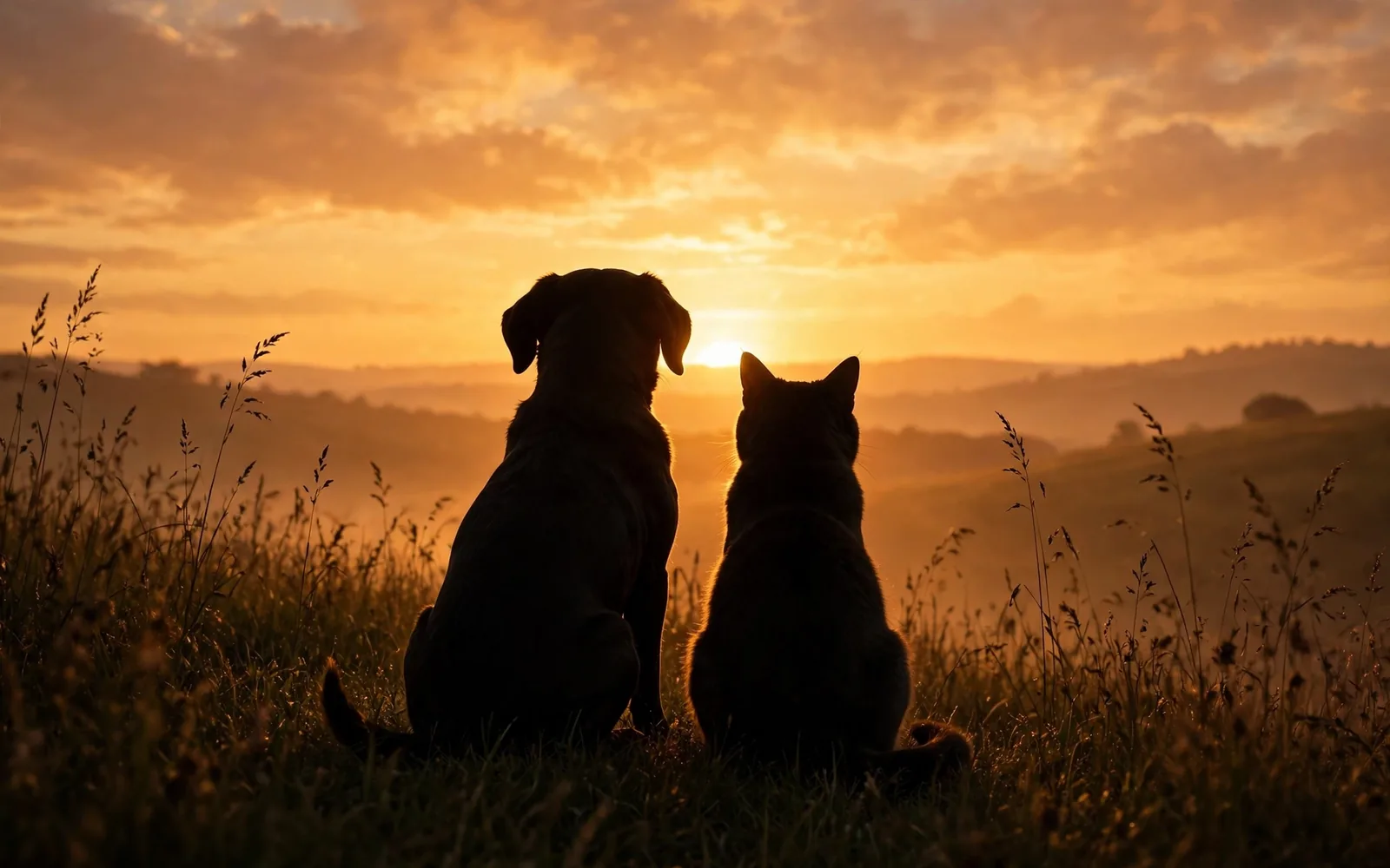 A dog and a cat sitting together on a hill, silhouetted against the sunset