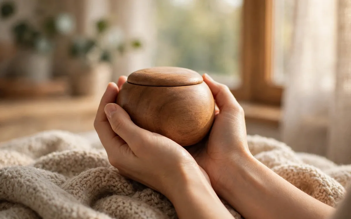Two hands cradling a small round wooden pet urn over a soft blanket