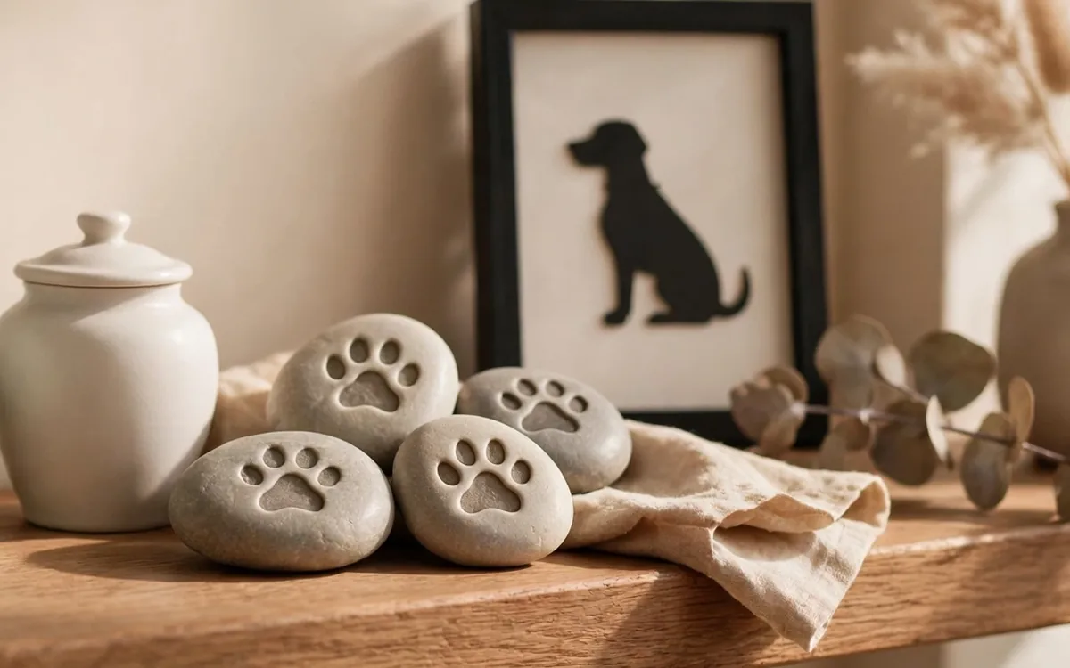 Paw print memorial stones and small urns on a wooden shelf