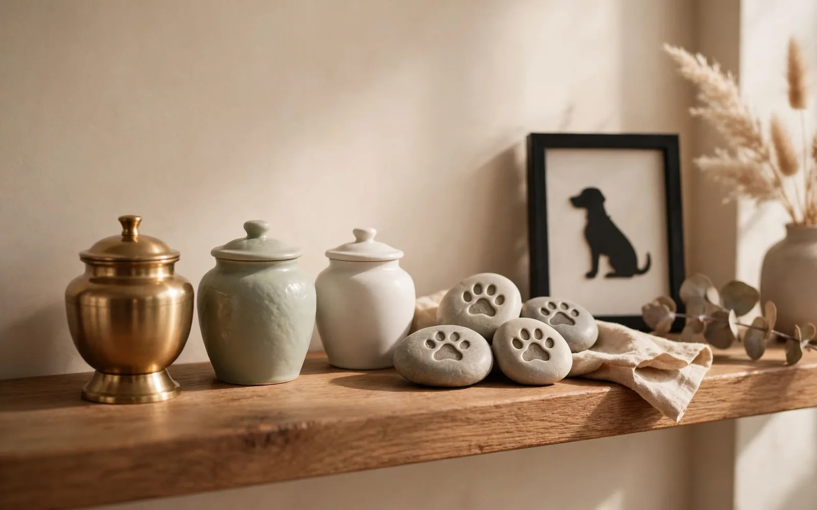 Small pet cremation urns and paw print memorial stones on a wooden shelf