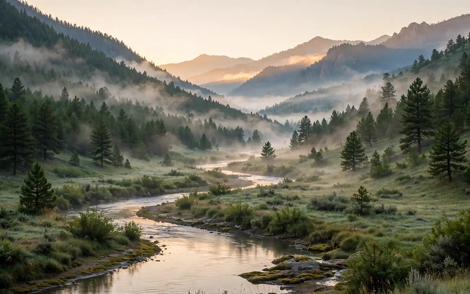 Morning mist drifting through a green mountain valley with a river