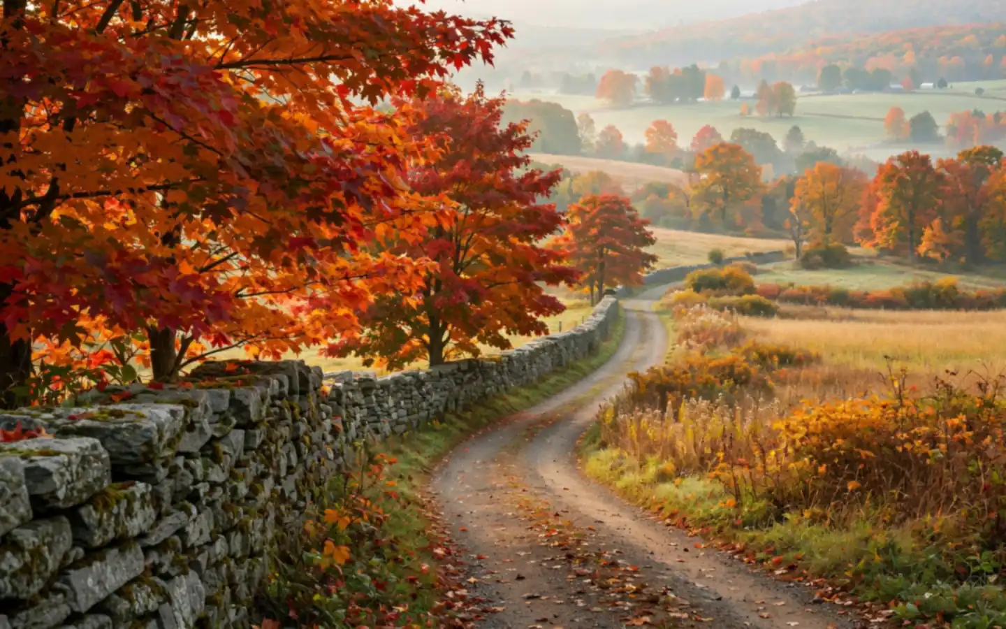 Red and orange maple trees beside an old stone wall along a country lane in autumn