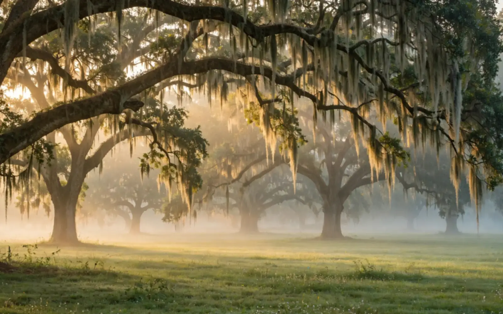 Live oak trees draped with Spanish moss in soft morning light and mist