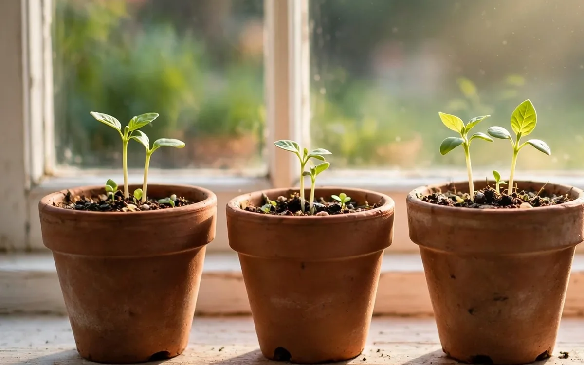 Small terracotta pots with young seedlings on a bright windowsill