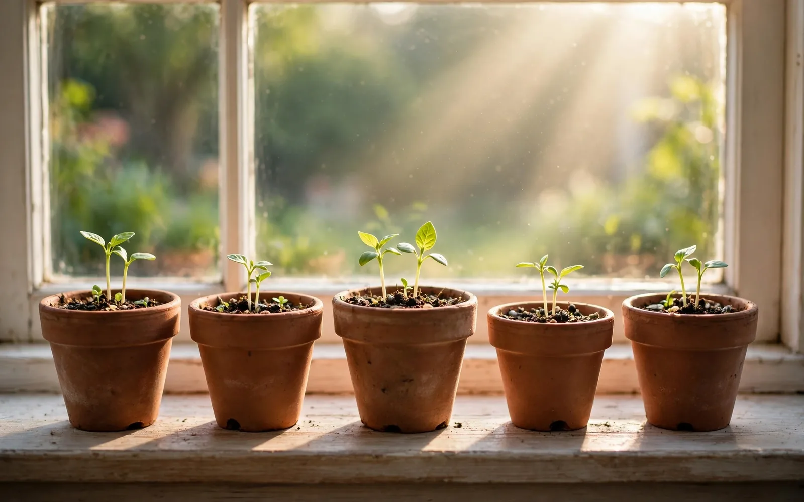 Young seedlings growing in small terracotta pots on a sunny windowsill